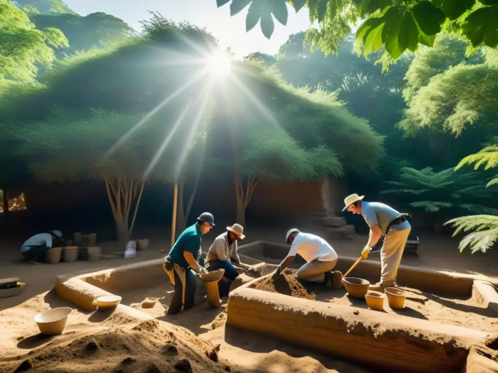 Arqueólogos excavando con ética en sitio de entierro antiguo, desenterrando reliquias con cuidado bajo la luz del sol