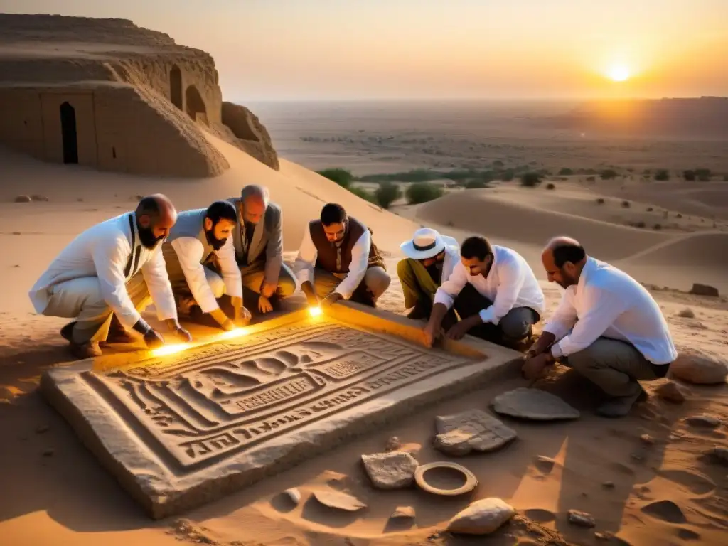 Arqueólogos exploran sitio Templario con símbolos enigmáticos al atardecer en el Medio Oriente