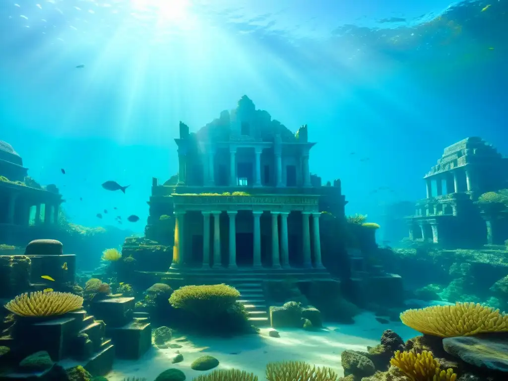 Descubre la arquitectura perdida de Atlantis en una ciudad submarina en ruinas, con símbolos misteriosos y vida marina colorida