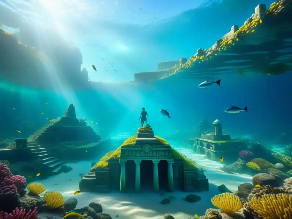 Descubre la arquitectura perdida de Atlantis bajo el mar, con estructuras griegas y peces coloridos