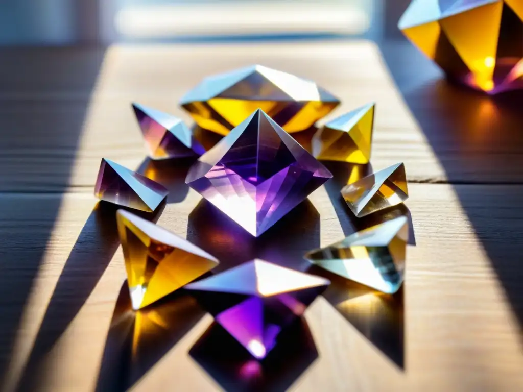 Un arreglo de cristales coloridos como amatista, cuarzo y citrino en una superficie de madera, iluminados por el sol