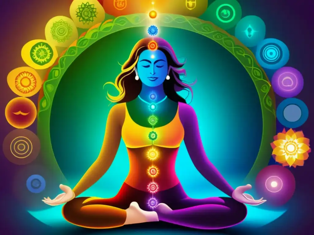 Arte detallado de los siete chakras alineados en el cuerpo humano, cada uno irradiando un color específico