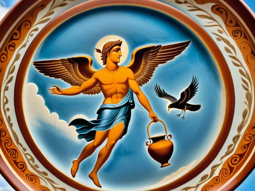 Épica pintura griega: Icarus y Daedalus Arte griego antiguo con simbolismo del vuelo de Ícaro y su padre Daedalus, representando la ambición y la tragedia
