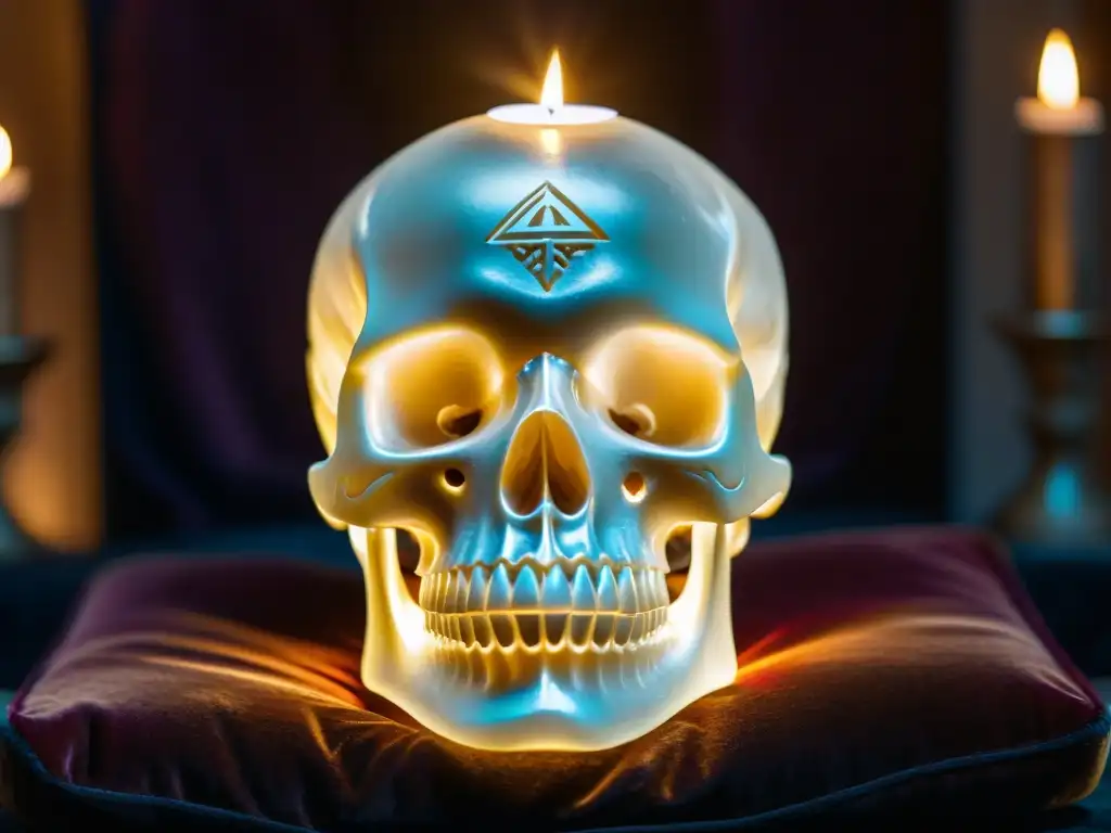 Artefacto ritual de sociedades secretas: calavera de cristal tallada con símbolos antiguos, iluminada en misteriosa habitación con velas