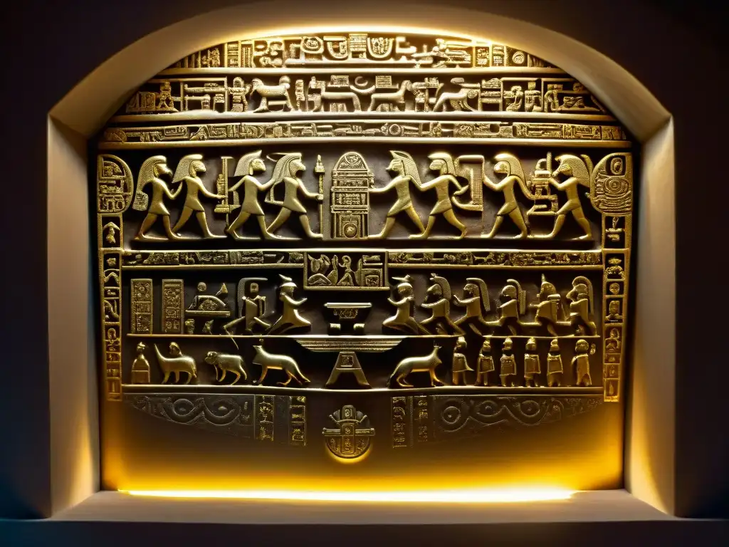 Artefactos dorados de sociedades secretas precolombinas con seres celestiales y tecnología avanzada en templo maya