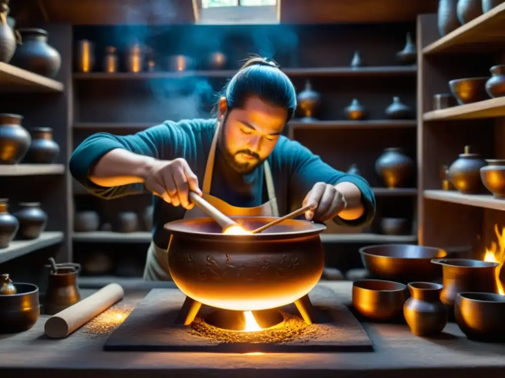 Un artesano crea un caldero mágico en un taller iluminado por luz cálida