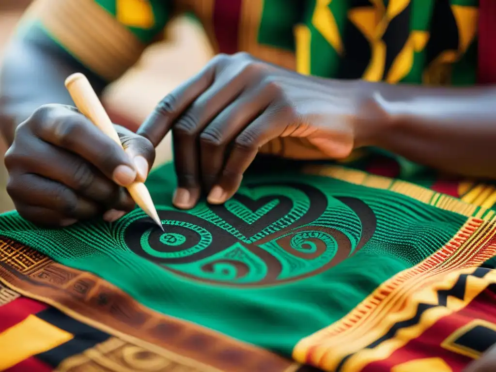 Un artesano ghianés talla símbolos secretos de culturas africanas en tela kente vibrante