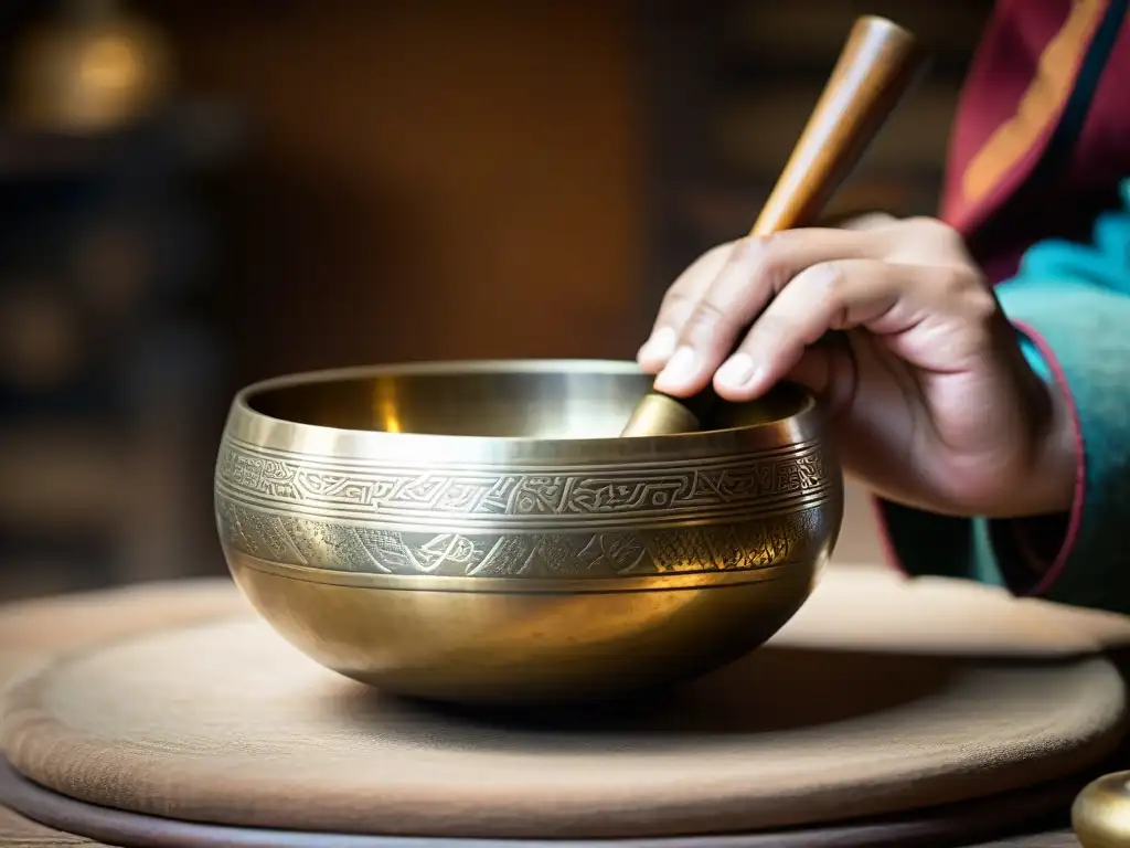 Un artesano tibetano crea un cuenco cantor en su taller del Himalaya, destacando los beneficios de las prácticas espirituales