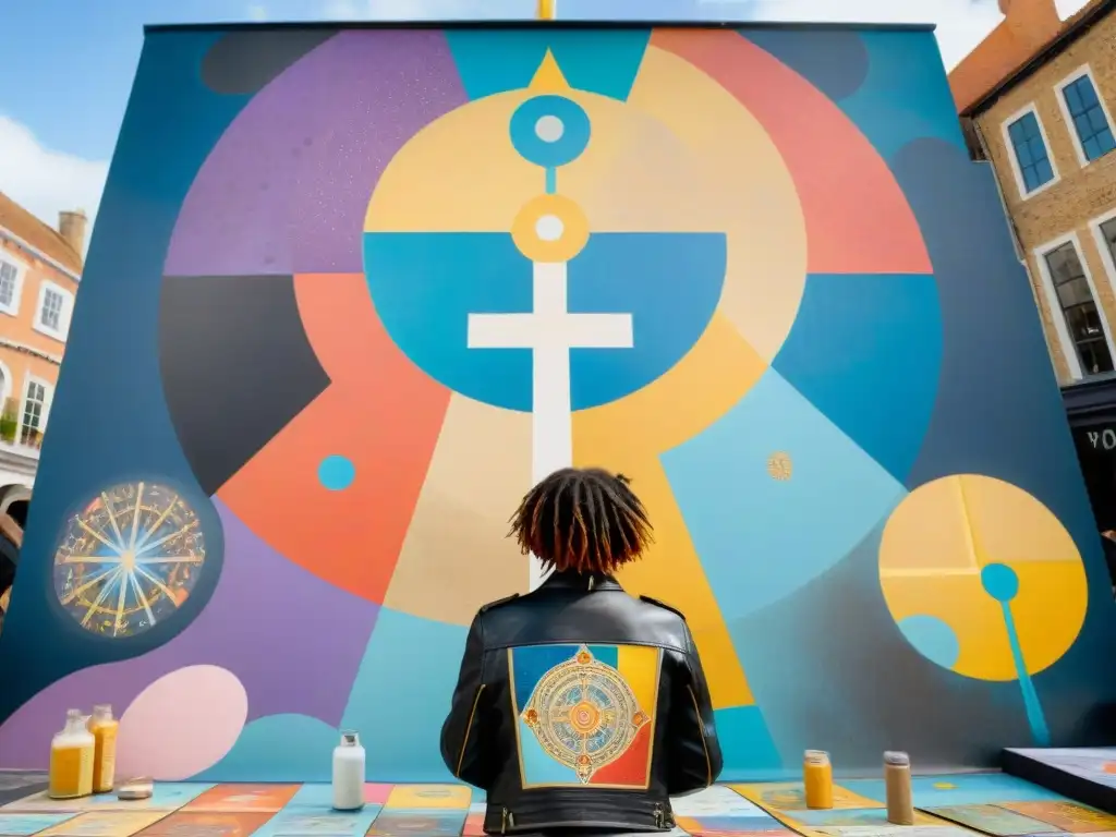 Un artista callejero crea una obra de arte con simbología profunda del Tarot en una plaza vibrante de la ciudad