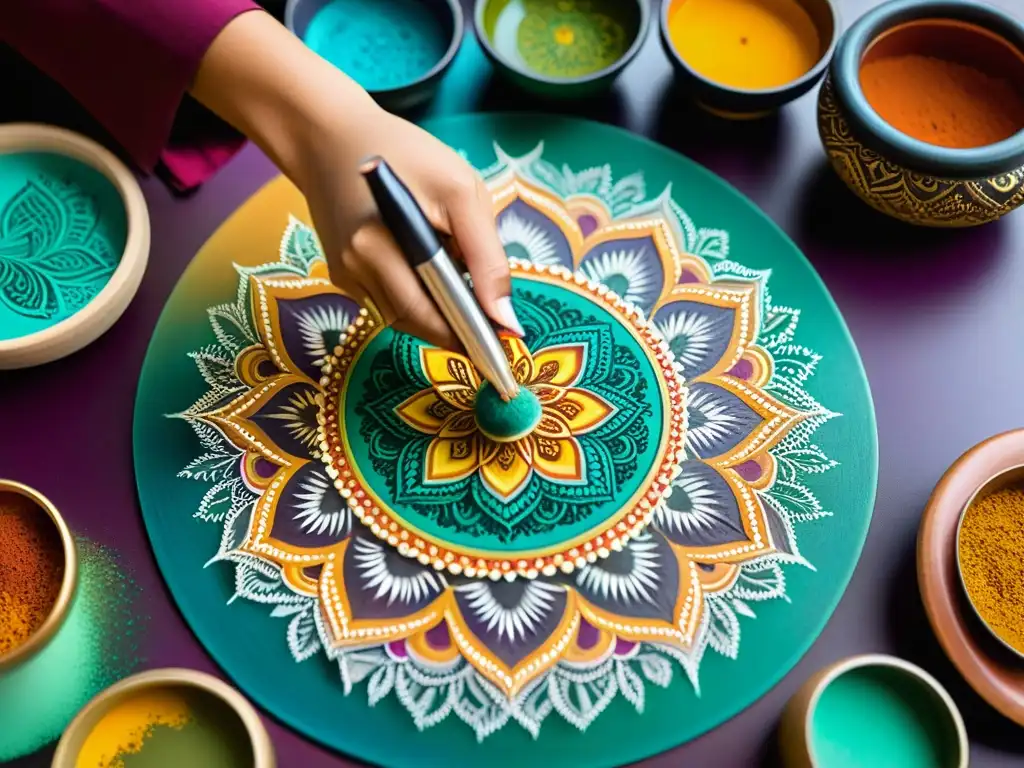 Un artista pinta un intrincado mandala con colores vibrantes y precisos, rodeado de pigmentos y polvo de colores en el aire