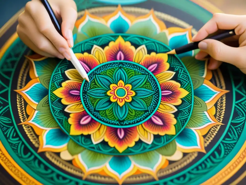 Artista detalladamente dibujando un mandala, mostrando el significado esotérico del mandala