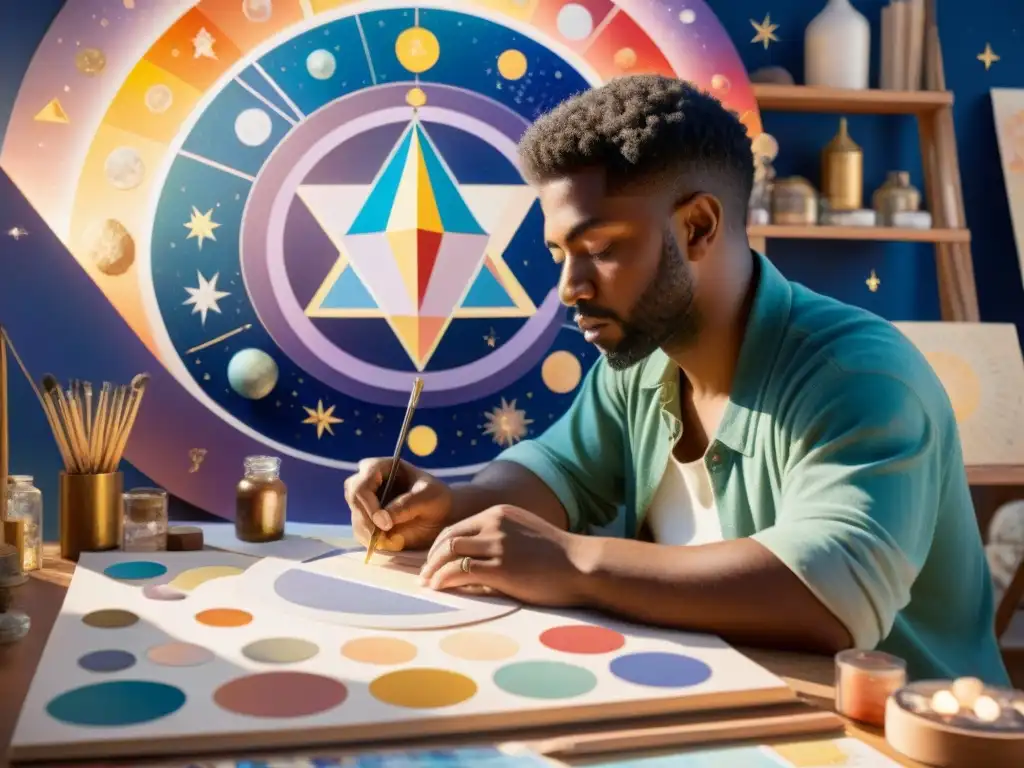 Un artista desbloquea su potencial artístico con astros, inmerso en su obra celestial en un estudio iluminado por el sol