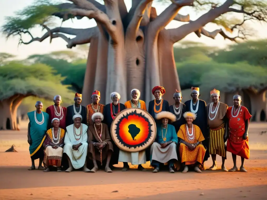 Una asamblea de ancianos africanos bajo un baobab, con símbolos ancestrales y vestimenta tradicional