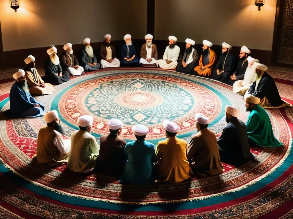 Una asamblea de seguidores sufíes en un majestuoso tapiz persa, escuchando a un sabio