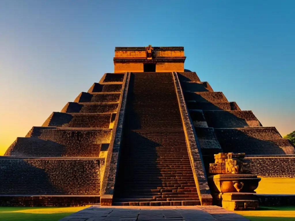 Ascenso ritual al atardecer en pirámide mesoamericana, con ofrendas y figuras sombrías