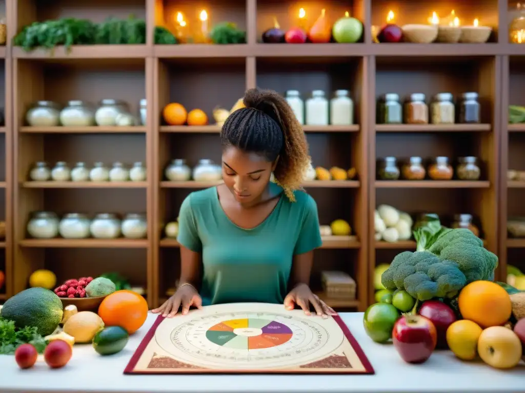 Un astrólogo analiza su carta astral rodeado de alimentos y libros en una habitación mística