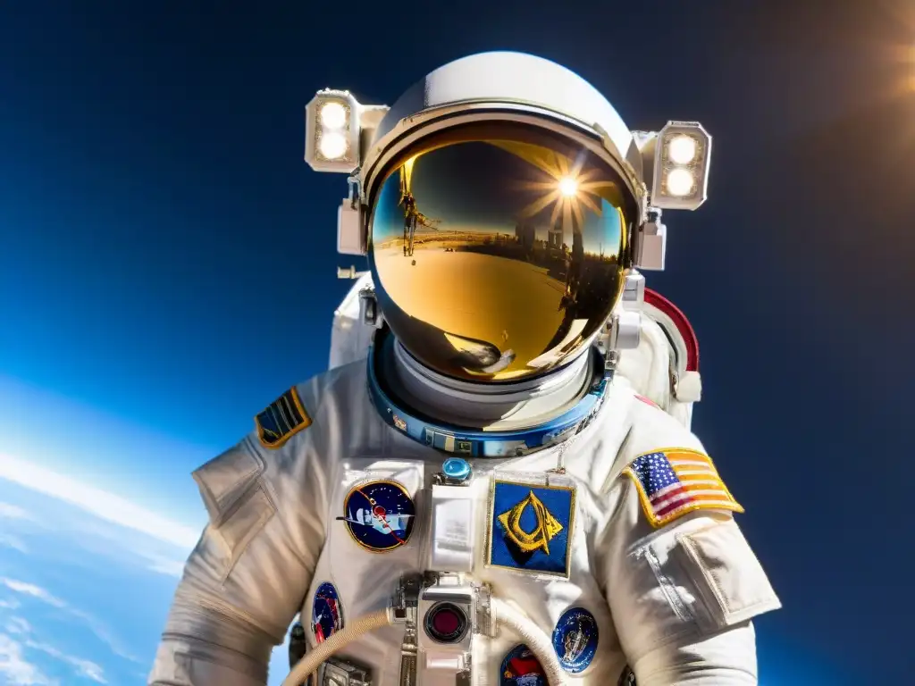 Astronauta con traje espacial moderno y símbolos masónicos flotando en el espacio, reflejando la influencia de los Masones en la exploración espacial