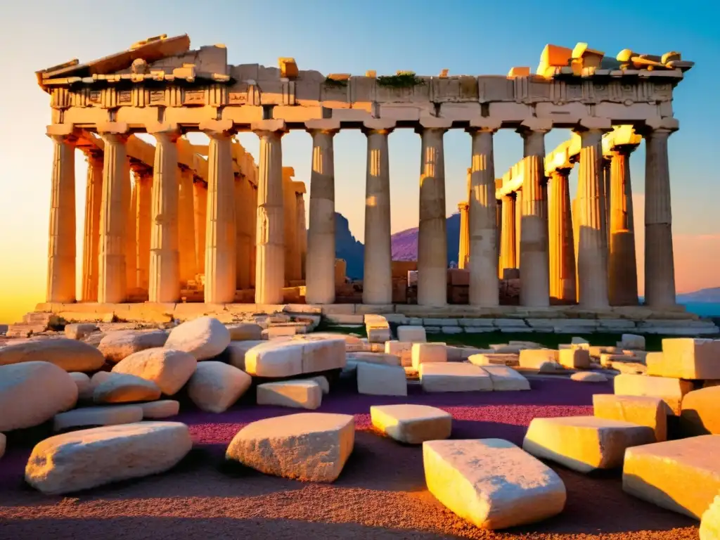 Un atardecer dorado ilumina el antiguo Partenón griego con columnas de mármol y sombras alargadas, mientras una figura contempla su majestuosidad