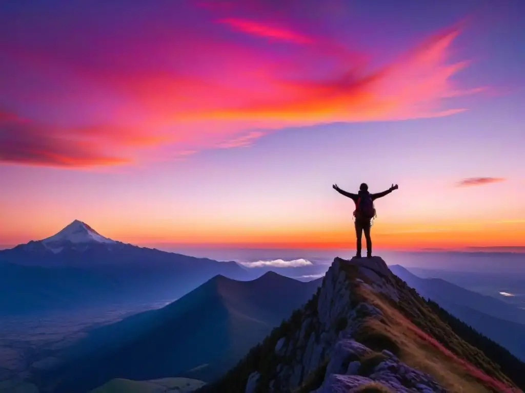 Un atardecer impresionante sobre una montaña, con tonos vibrantes de naranja, rosa y morado iluminando el cielo