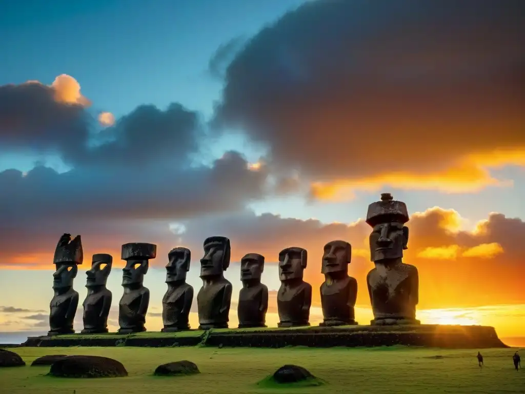 Un atardecer mágico en Ahu Tongariki, con los imponentes Moai en silueta bajo el cielo colorido, evocando sociedades secretas en la historia