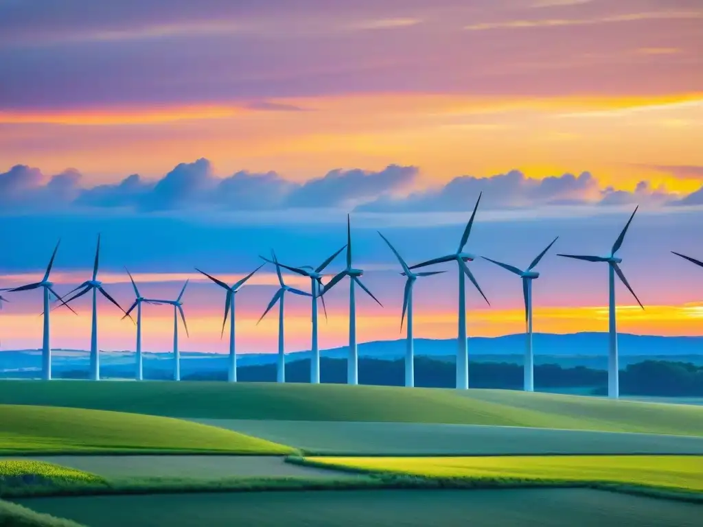 Un atardecer vibrante sobre campos de molinos eólicos giratorios, reflejando la influencia de los Rosacruces en energías renovables