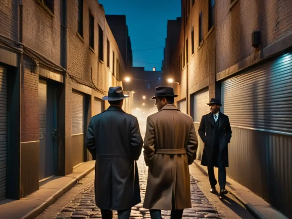 Atmósfera misteriosa en un callejón de la ciudad, con sombríos personajes intercambiando miradas secretas