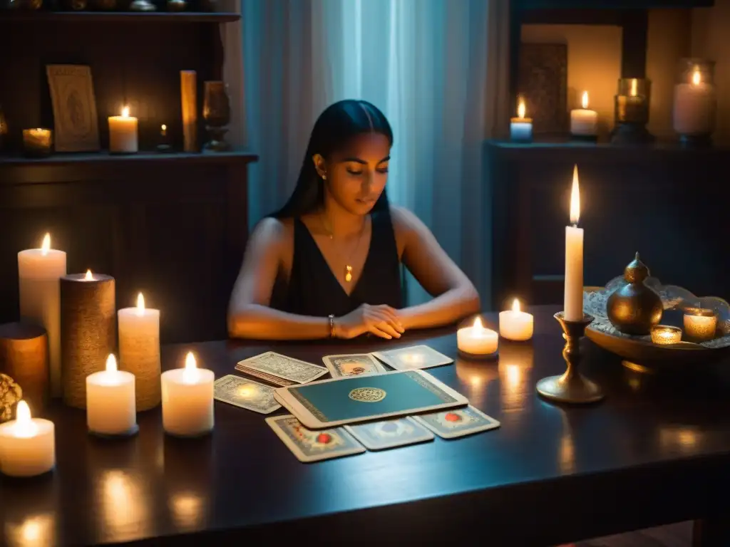 Una atmósfera mística en una lectura de Tarot: conexión espiritual entre advisor y cliente en una sala iluminada por velas