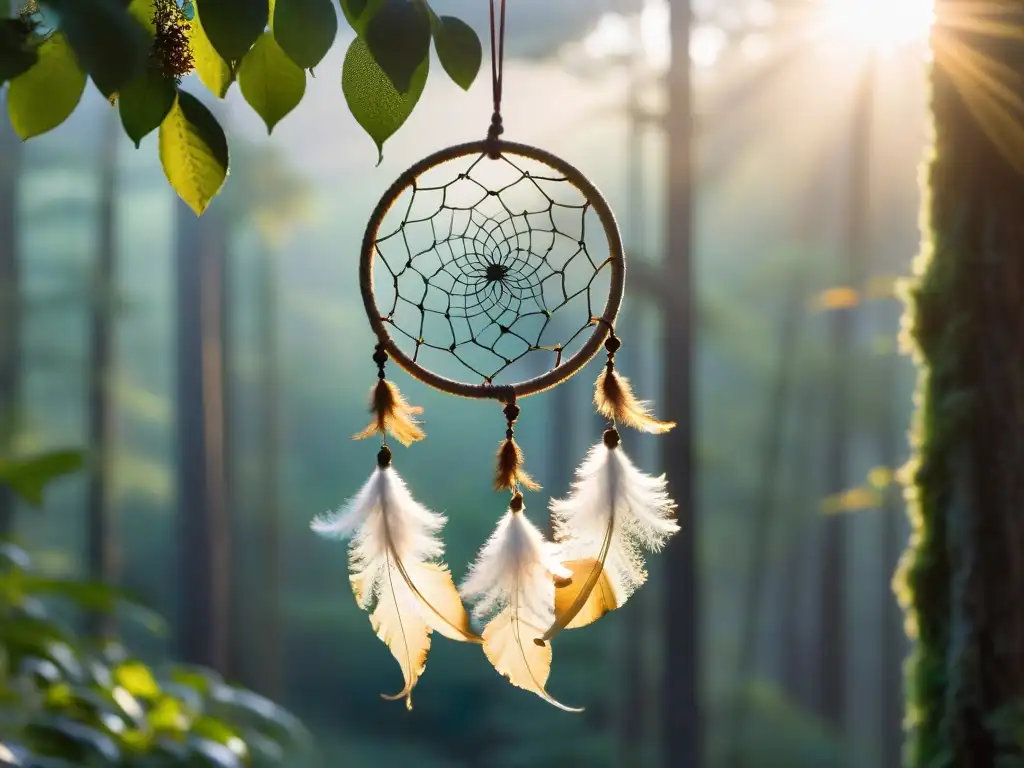 Un atrapasueños delicadamente tejido colgando en un bosque místico al atardecer, con luz cálida filtrándose entre los árboles