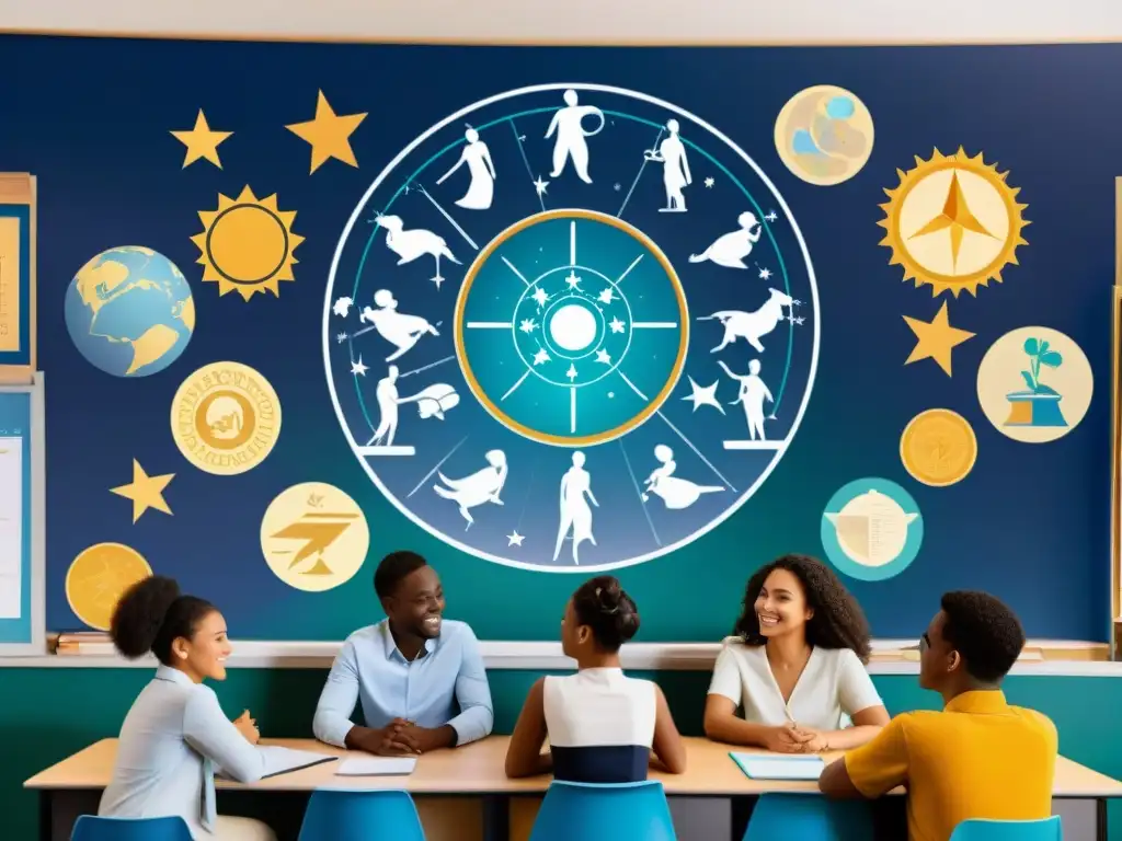 Un aula diversa con estudiantes representando signos zodiacales, mostrando actividades educativas acordes