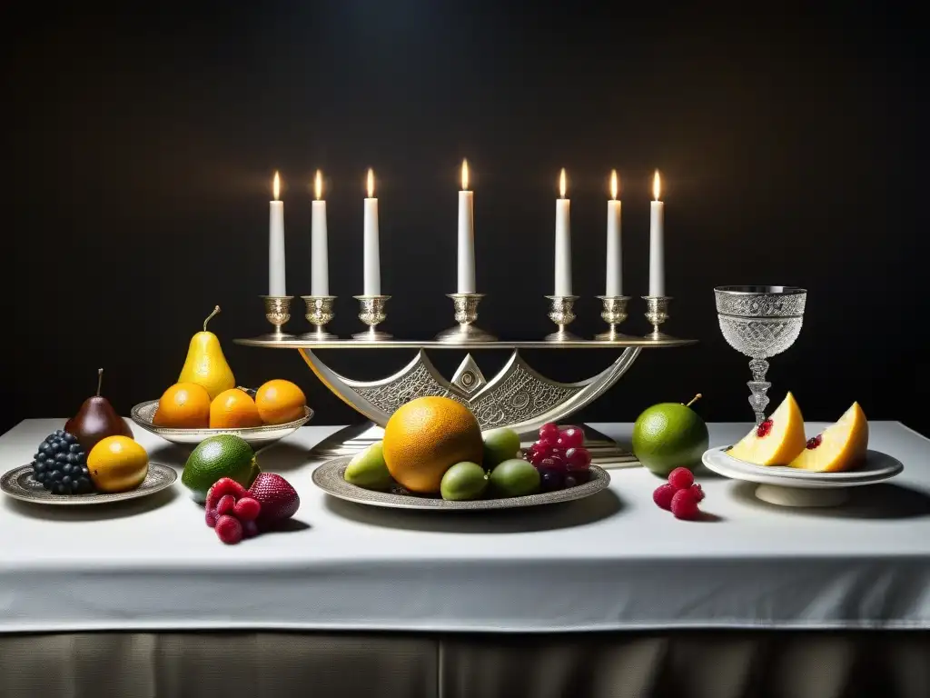 Un banquete lujoso con simbolismo oculto Illuminati en frutas, postres y cubiertos, en un comedor opulento