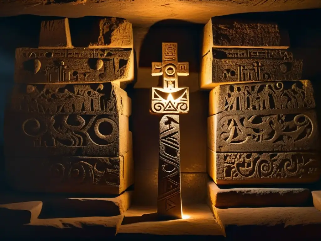 Un bastón antiguo descansa en un altar de piedra en una cámara iluminada débilmente, exudando misterio y poder