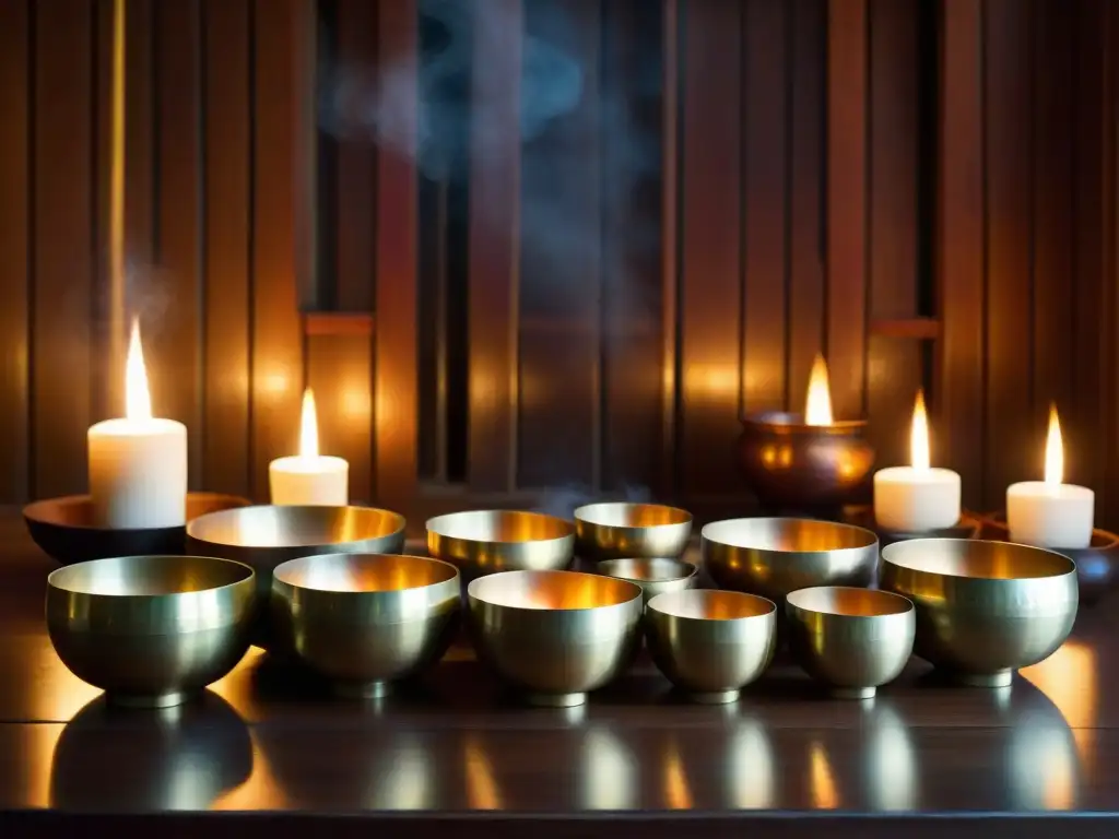 Descubre los beneficios de la terapia de sonido en esta escena serena de cuencos tibetanos y luz de velas