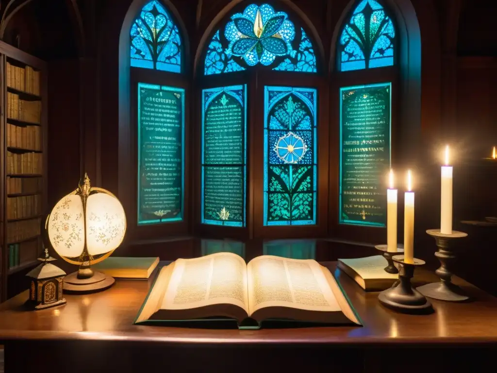 Una biblioteca antigua iluminada tenuemente, con el enigmático Manuscrito Voynich abierto en una mesa de madera, rodeado de tomos polvorientos