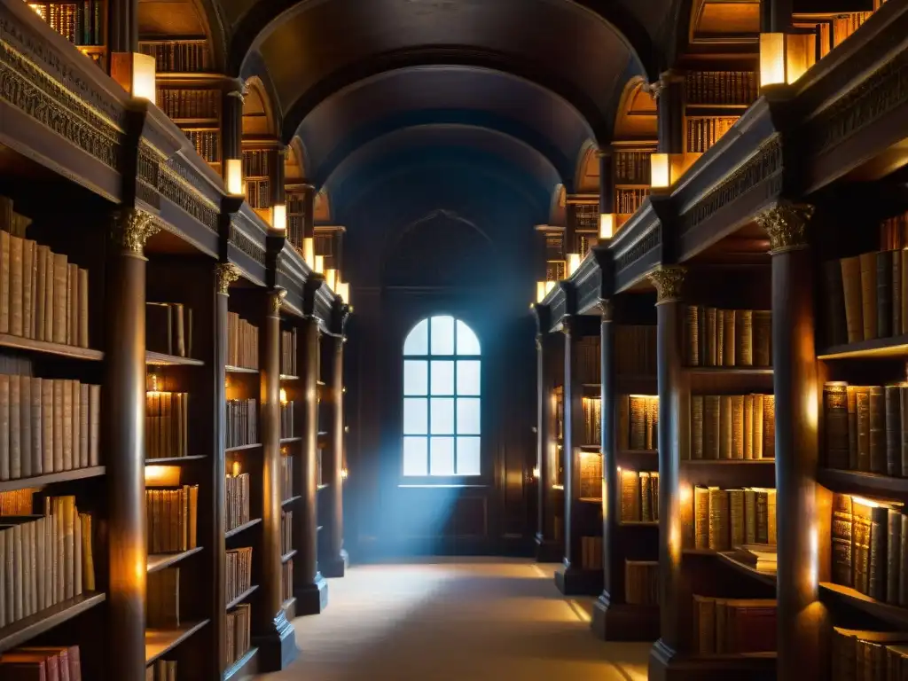 Una biblioteca antigua iluminada por lámparas de bronce, con estanterías llenas de libros