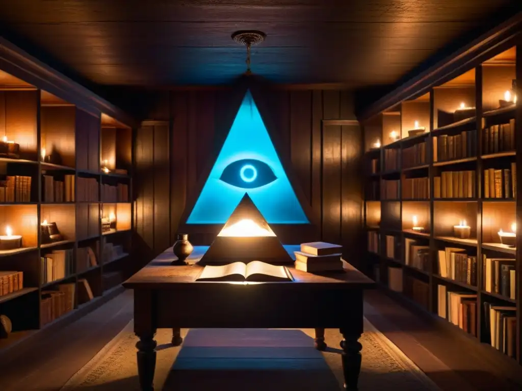 Una biblioteca antigua iluminada tenuemente con libros polvorientos y un símbolo del Ojo de la Providencia en un escritorio de madera