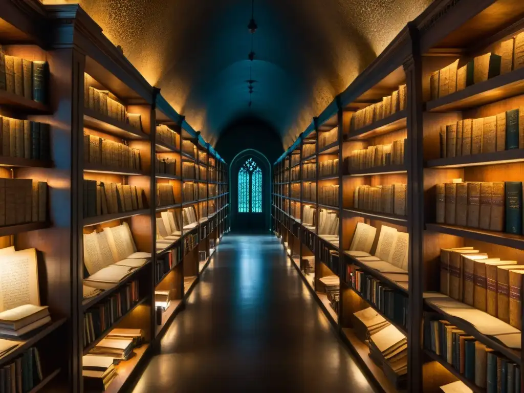 Misteriosa biblioteca antigua con el manuscrito Voynich Una biblioteca antigua iluminada, llena de manuscritos misteriosos y la enigmática influencia de sociedades secretas historia mundo