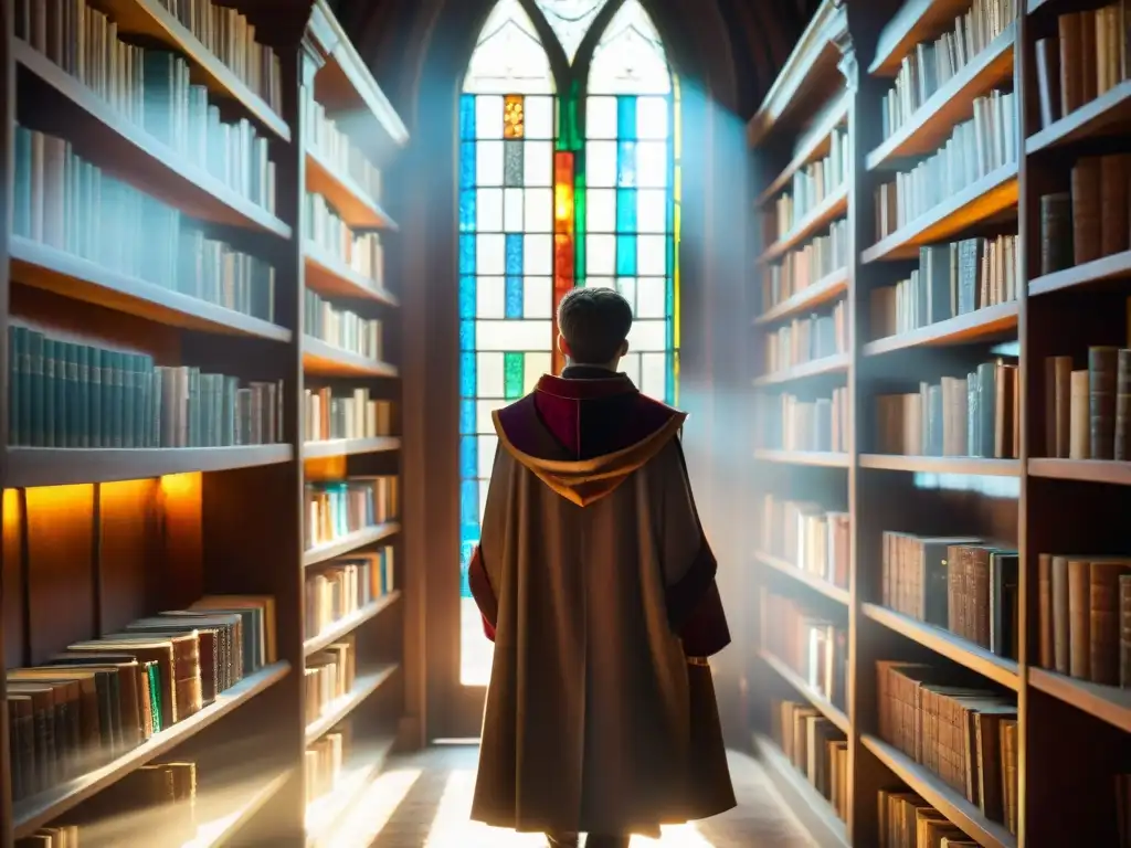 Una biblioteca antigua iluminada por la luz tenue, llena de libros polvorientos