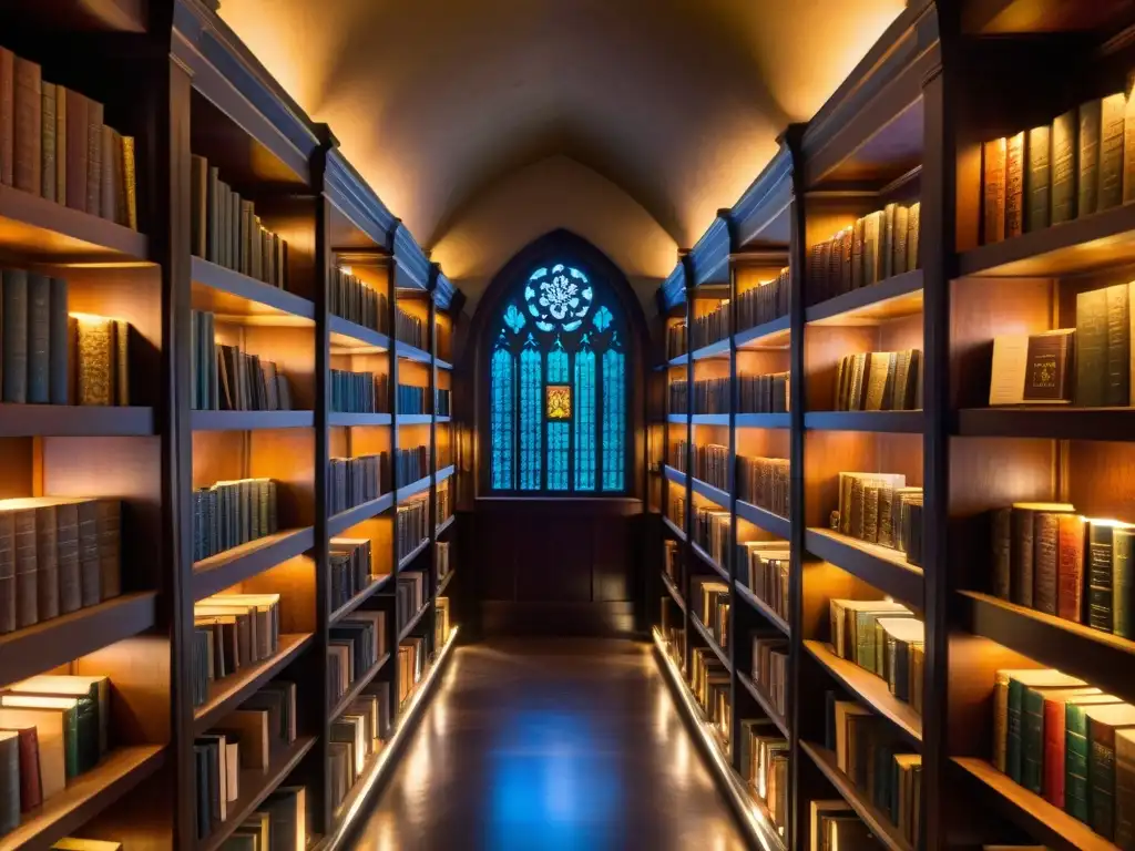 Una biblioteca antigua iluminada por luz filtrada, llena de libros polvorientos y símbolos místicos de las Sociedades secretas Rosacruces misterios