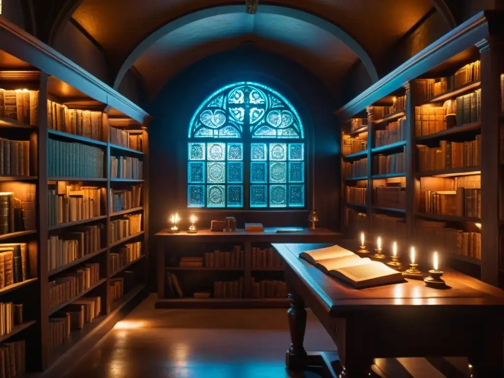 Una biblioteca antigua iluminada con misterio y secretos de los Rosacruces historia sociedades secretas