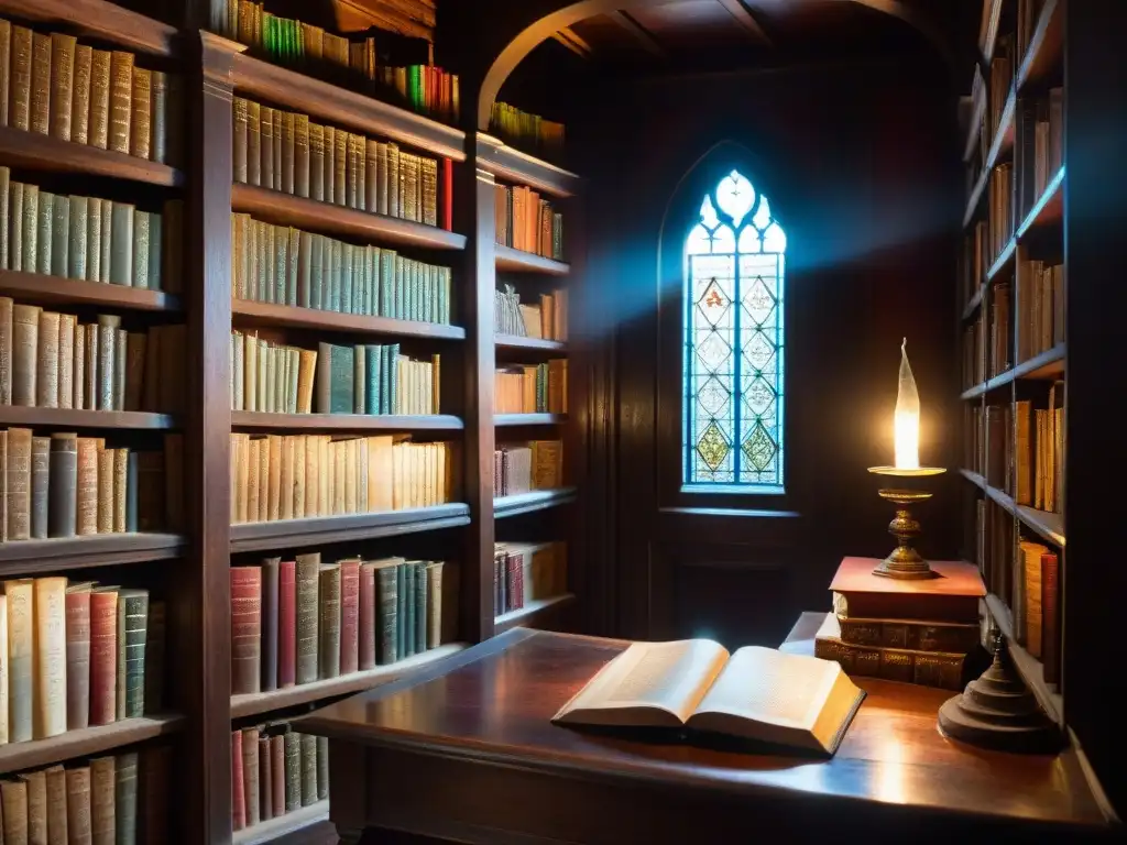 Una biblioteca antigua iluminada con misterio, libros polvorientos y artefactos