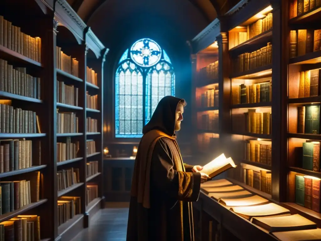 Una biblioteca antigua iluminada por un rayo de luz, con libros antiguos, polvo suspendido en el aire y una figura misteriosa