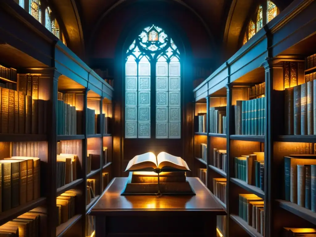 Una biblioteca antigua iluminada por un rayo de luz, con un libro misterioso en un pedestal central