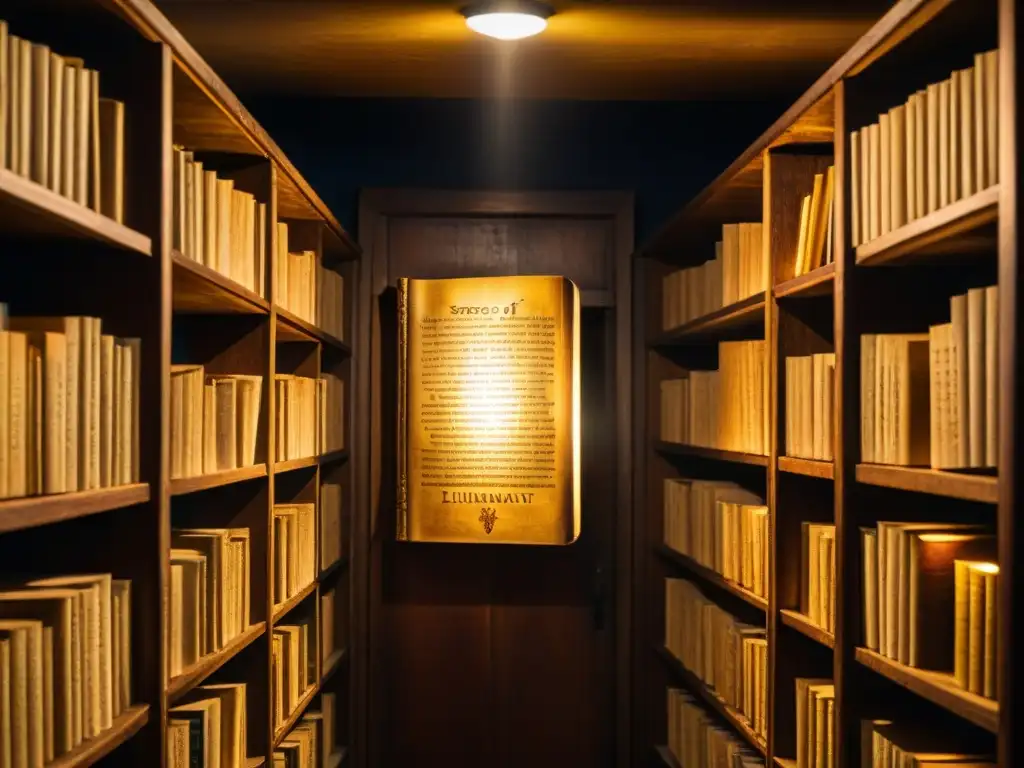 Una biblioteca antigua iluminada por un rayo de luz, con libros antiguos y un ejemplar titulado 'Secretos de los Illuminati'