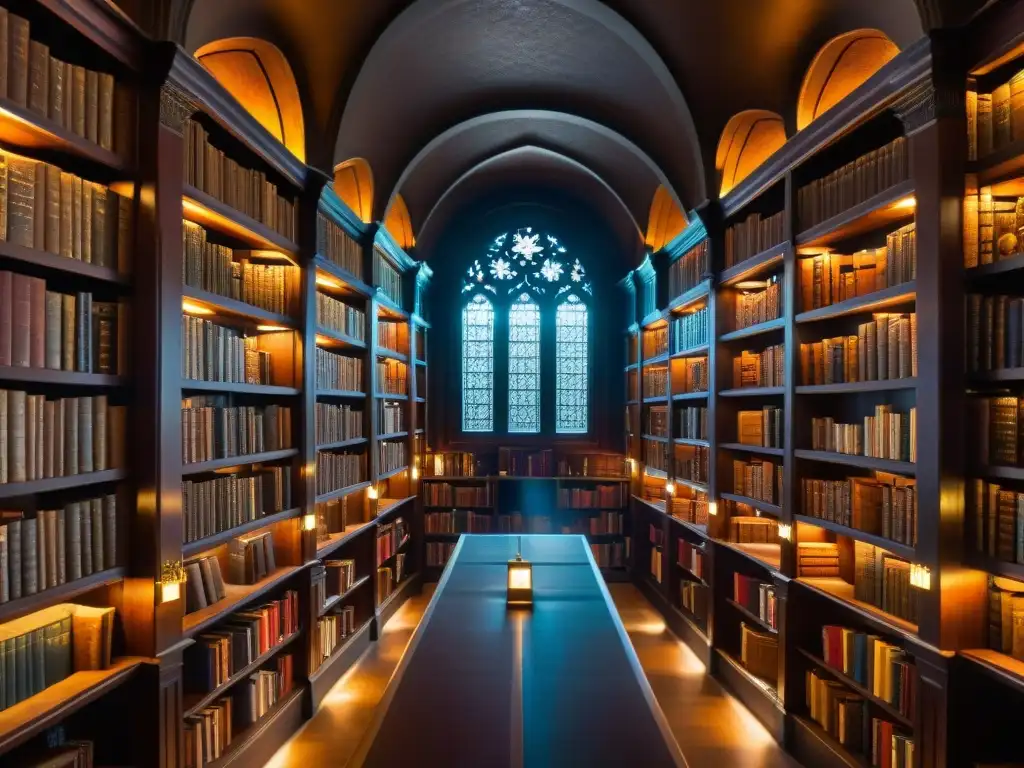 Una biblioteca antigua iluminada por una sola vela, llena de libros antiguos y un mapa mundial en una mesa de madera