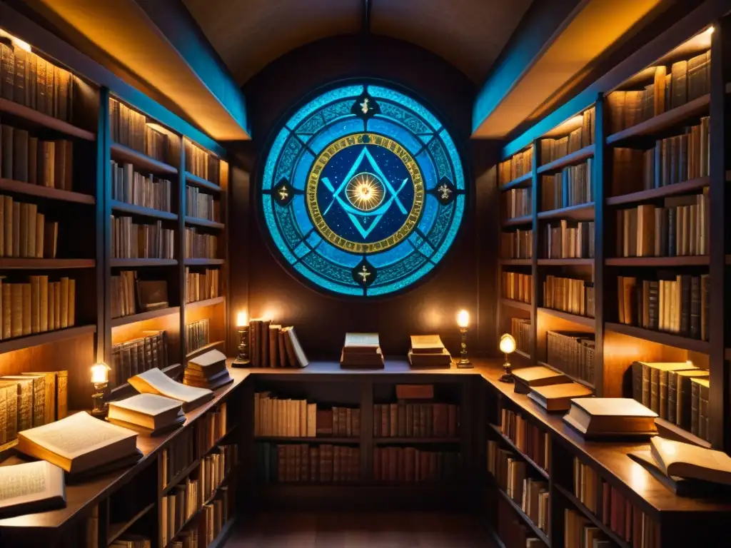 Una biblioteca antigua iluminada tenue, repleta de libros y artefactos misteriosos de sociedades secretas en la historia