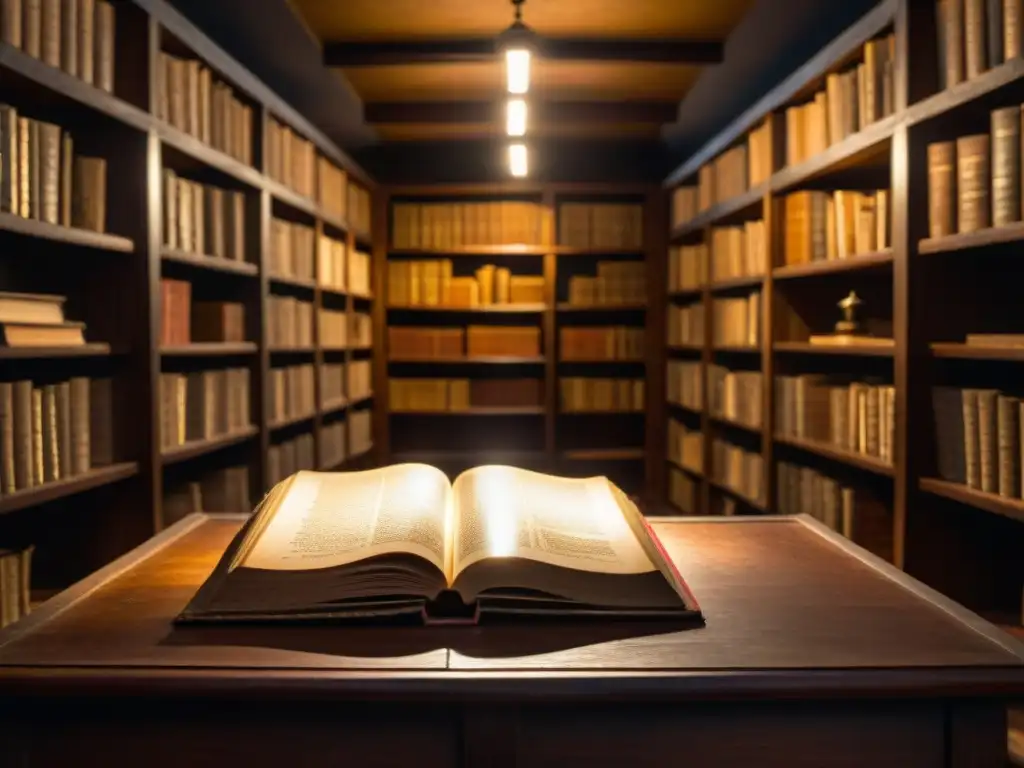 Una biblioteca antigua iluminada por una tenue luz, con libros y pergaminos polvorientos