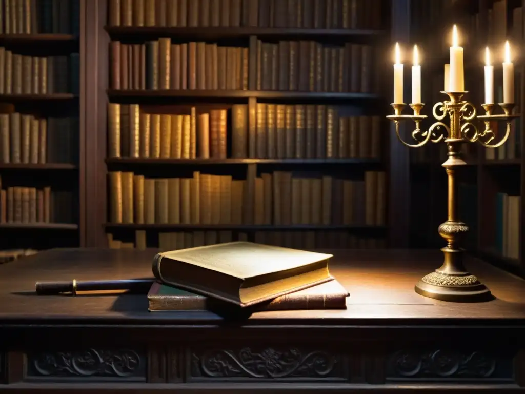 Secreto ancestral: llave misteriosa en biblioteca antigua Una biblioteca antigua iluminada por una única luz sobre una llave misteriosa