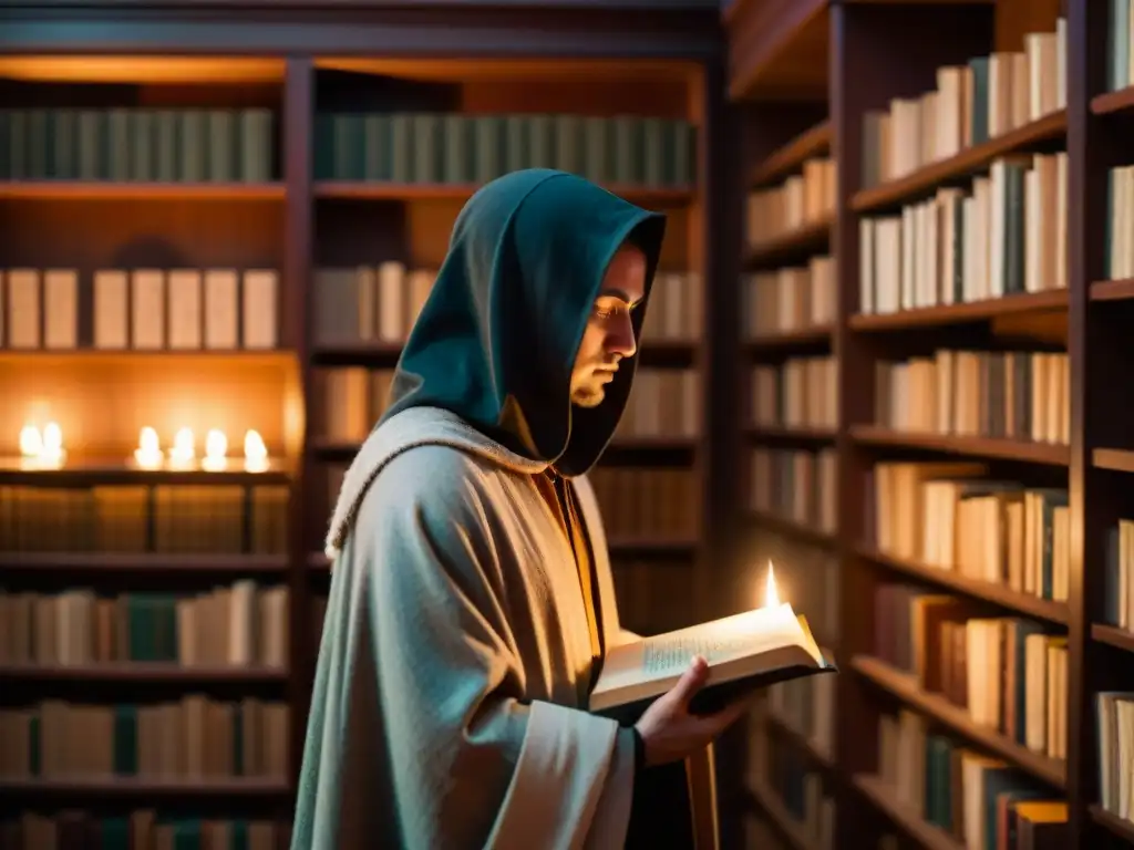 Una biblioteca antigua iluminada por una vela, con libros de sociedades secretas y una figura enigmática leyendo un libro de cuero