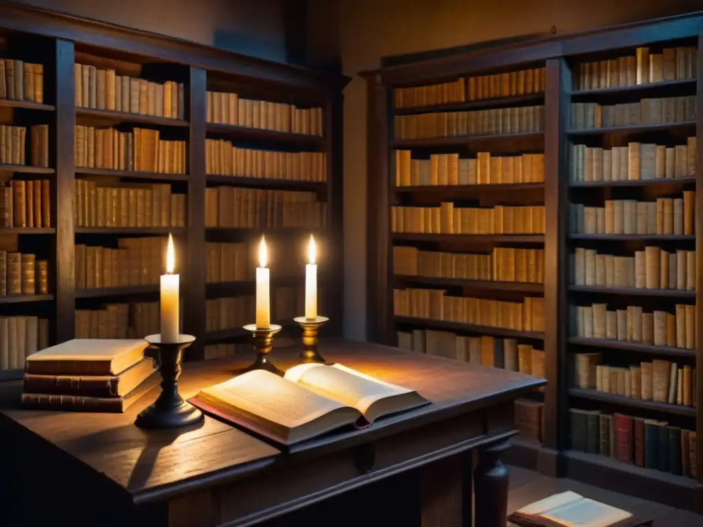 Una biblioteca antigua iluminada por una vela, repleta de libros polvorientos y artefactos misteriosos