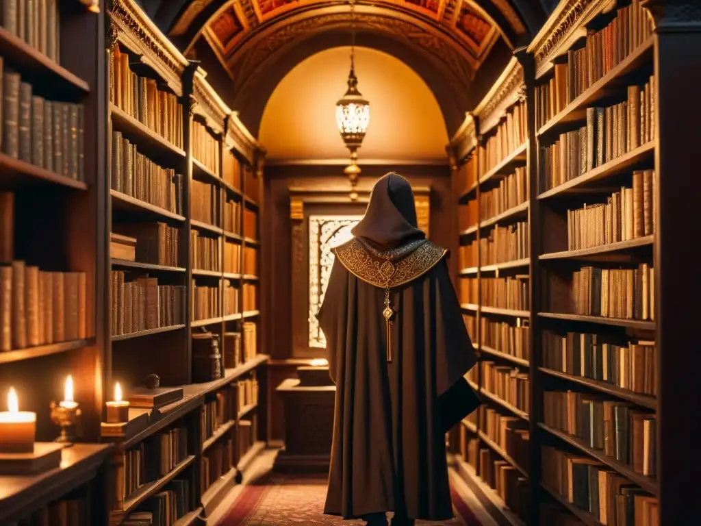 Una biblioteca antigua iluminada por una vela, con misteriosa figura estudiando un libro